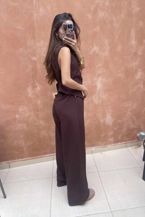 ONE COLOR SIMPLE VEST+TROUSERS WOMEN SET DARK BROWN/KAE - 4