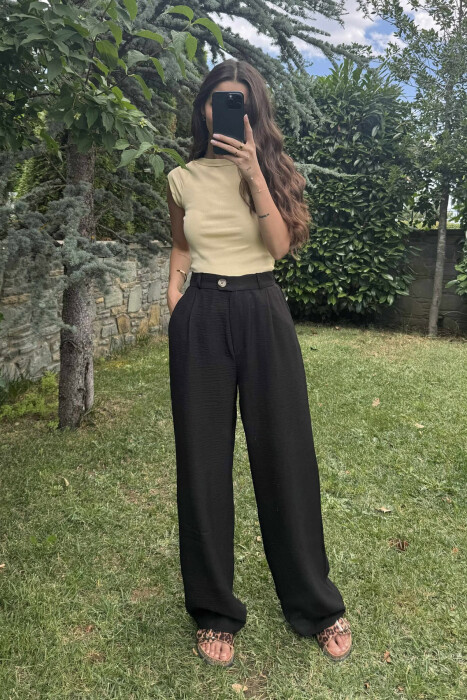 ONE COLOR SIMPLE WIDE LEG WOMEN TROUSERS BLACK/ E ZEZE 
