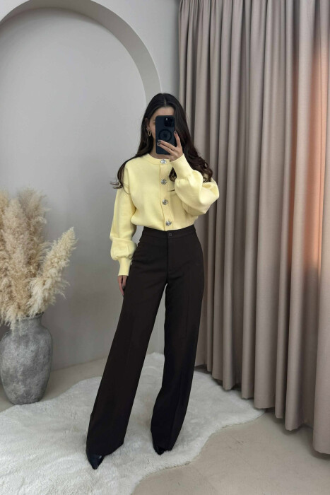 ONE COLOR SIMPLE WIDE LEG WOMEN TROUSERS BROWN/KAFE 