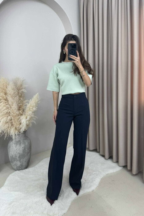 ONE COLOR SIMPLE WIDE LEG WOMEN TROUSERS DARK BLUE/BEE 