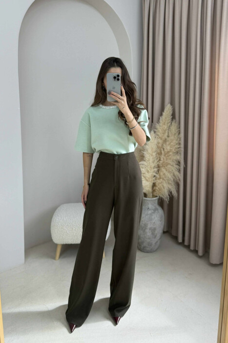 ONE COLOR SIMPLE WIDE LEG WOMEN TROUSERS DARK GREEN/JEE 