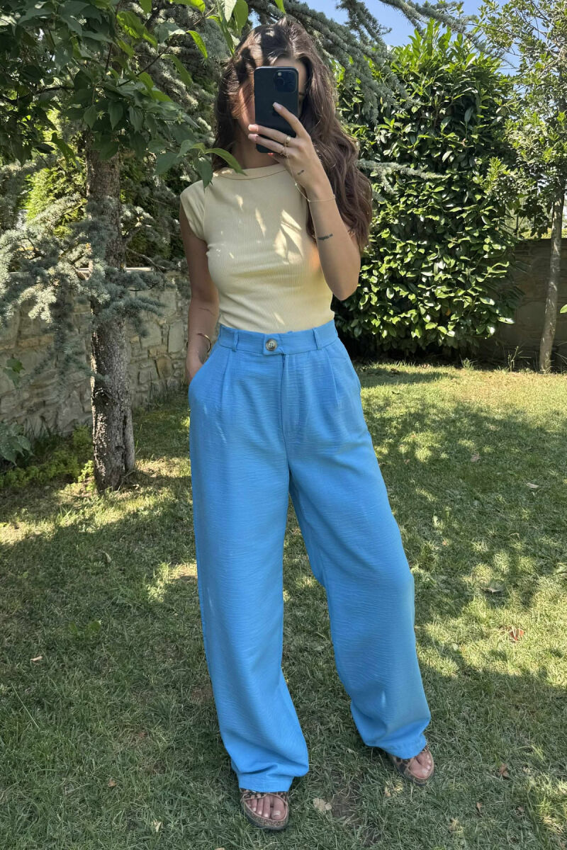 ONE COLOR SIMPLE WIDE LEG WOMEN TROUSERS LIGHTBLUE/BZ - 1