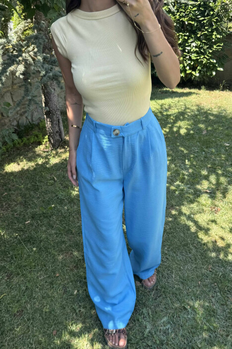 ONE COLOR SIMPLE WIDE LEG WOMEN TROUSERS LIGHTBLUE/BZ - 3