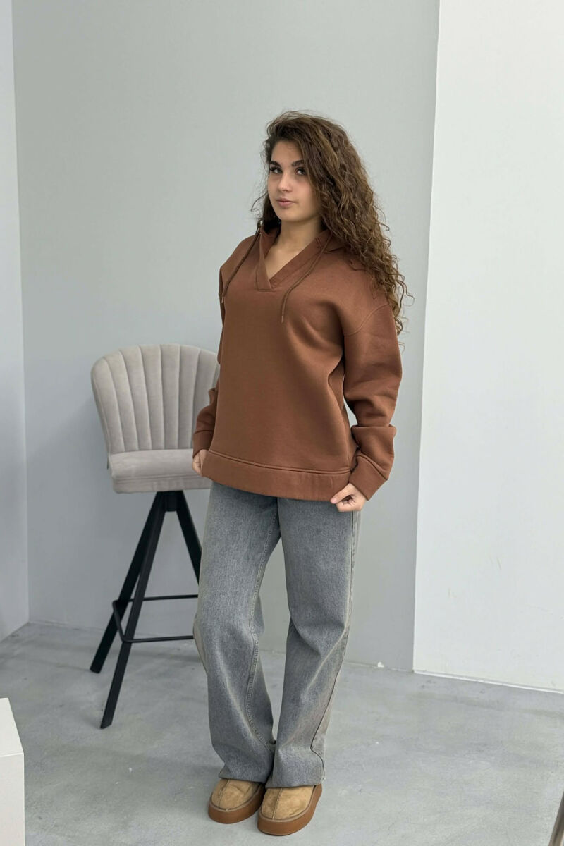 ONE COLOR SIMPLE WOMAN HOODIE BROWN/KAFE - 5