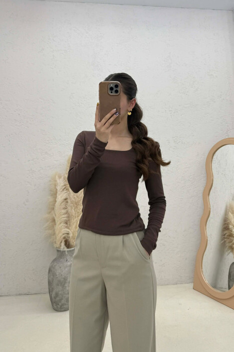 ONE COLOR SIMPLE WOMAN SWEATSHIRT LIGHT BROWN/KAZB - 1