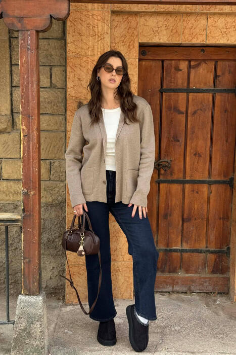 ONE COLOR SIMPLE WOMEN CARDIGAN BEIGE/BEZHE - 1