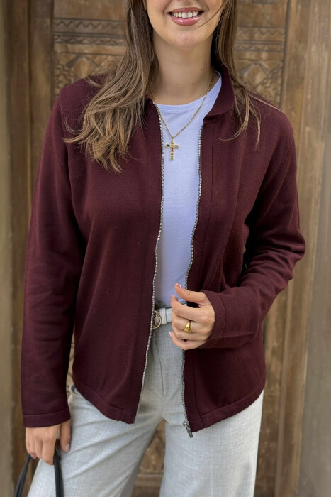 ONE COLOR SIMPLE WOMEN CARDIGAN BURGUNDY/VISHNJE - 2