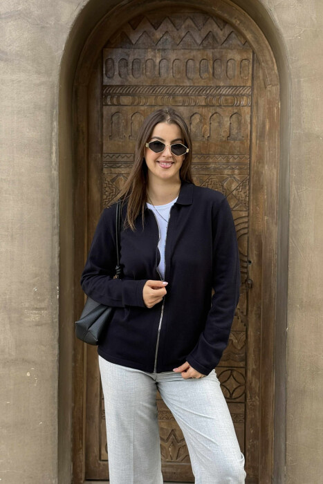 ONE COLOR SIMPLE WOMEN CARDIGAN DARK BLUE/BEE 