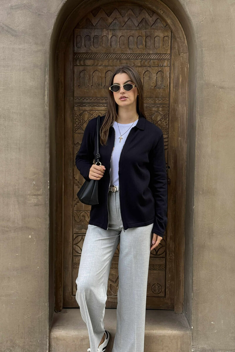 ONE COLOR SIMPLE WOMEN CARDIGAN DARK BLUE/BEE - 2