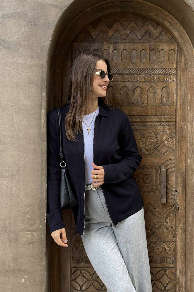 ONE COLOR SIMPLE WOMEN CARDIGAN DARK BLUE/BEE - 4