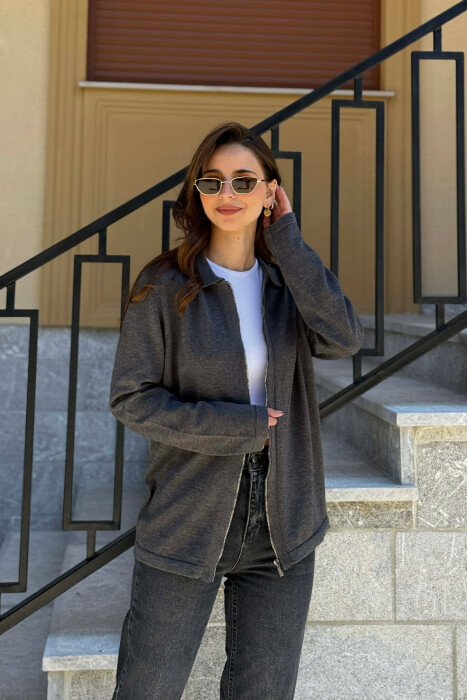 ONE COLOR SIMPLE WOMEN CARDIGAN DARK GREY/GEE - 1