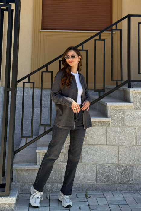 ONE COLOR SIMPLE WOMEN CARDIGAN DARK GREY/GEE - 4