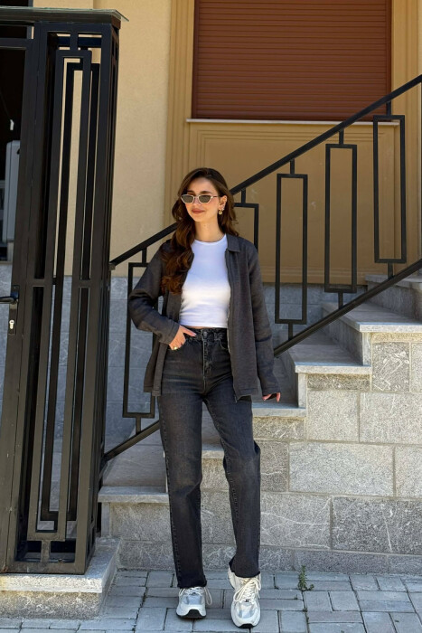 ONE COLOR SIMPLE WOMEN CARDIGAN DARK GREY/GEE - 6