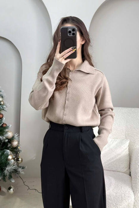 ONE COLOR SIMPLE WOMEN CARDIGAN LIGHT BROWN/KAZB - 1