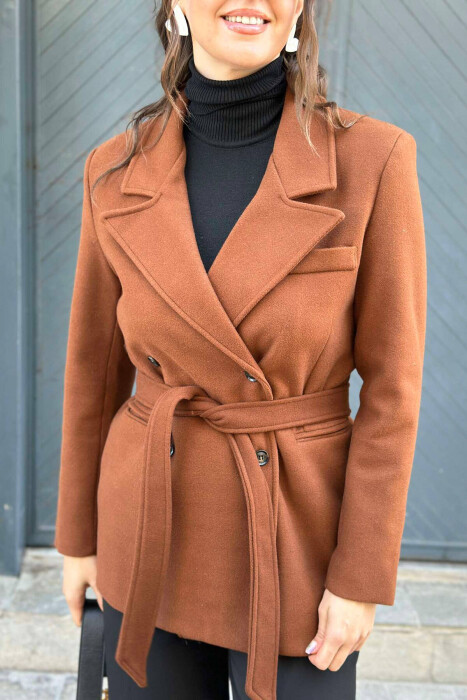 ONE COLOR SIMPLE WOMEN COAT BROWN/KAFE - 3