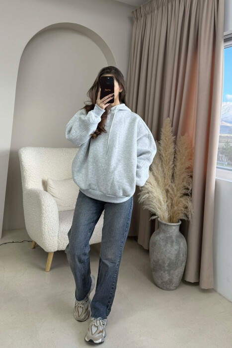 ONE COLOR SIMPLE WOMEN HOODIE GREY/GRI - 3