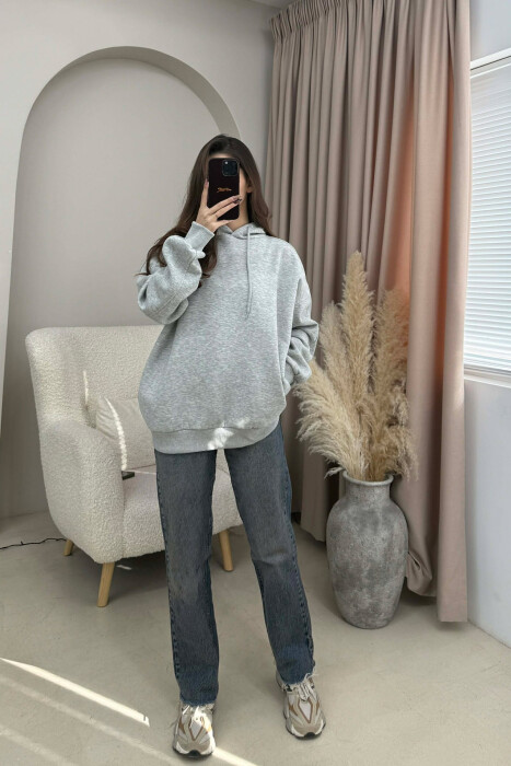 ONE COLOR SIMPLE WOMEN HOODIE LIGHT GREY/GZ - KLAUDIO FASHION