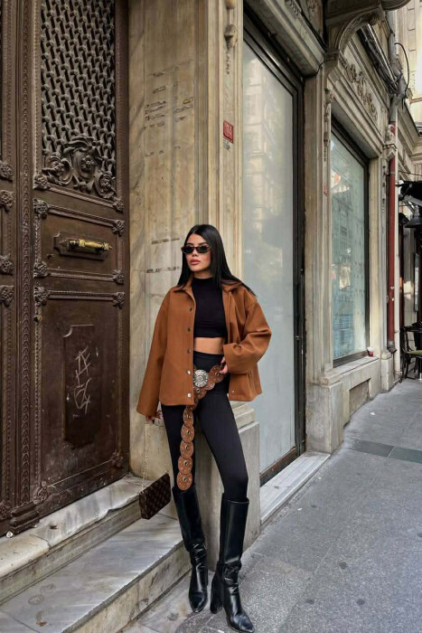 ONE COLOR SIMPLE WOMEN JACKET BROWN/KAFE - KLAUDIO FASHION