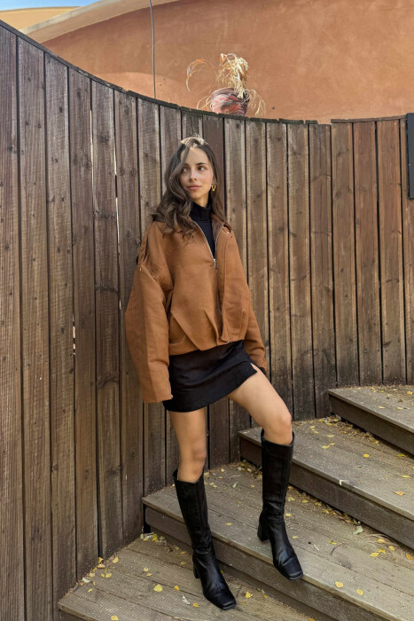 ONE COLOR SIMPLE WOMEN JACKET BROWN/KAFE - 1