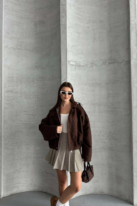 ONE COLOR SIMPLE WOMEN JACKET DARK BROWN/KAE 