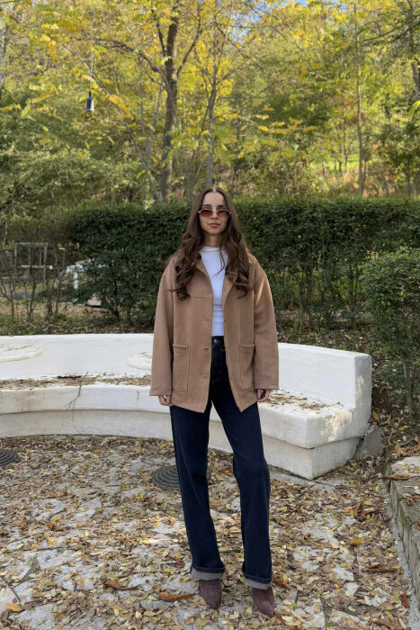 ONE COLOR SIMPLE WOMEN JACKET LIGHT BROWN/KAZB - 1