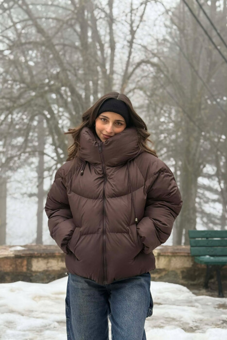 ONE COLOR SIMPLE WOMEN PUFFER JACKET BROWN/KAFE - KLAUDIO FASHION