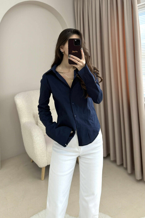 ONE COLOR SIMPLE WOMEN SHIRT DARK BLUE/BEE - KLAUDIO FASHION