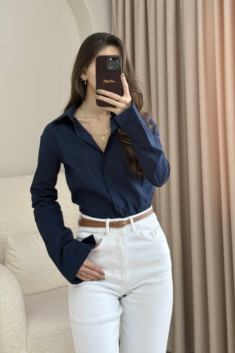 ONE COLOR SIMPLE WOMEN SHIRT DARK BLUE/BEE - 2