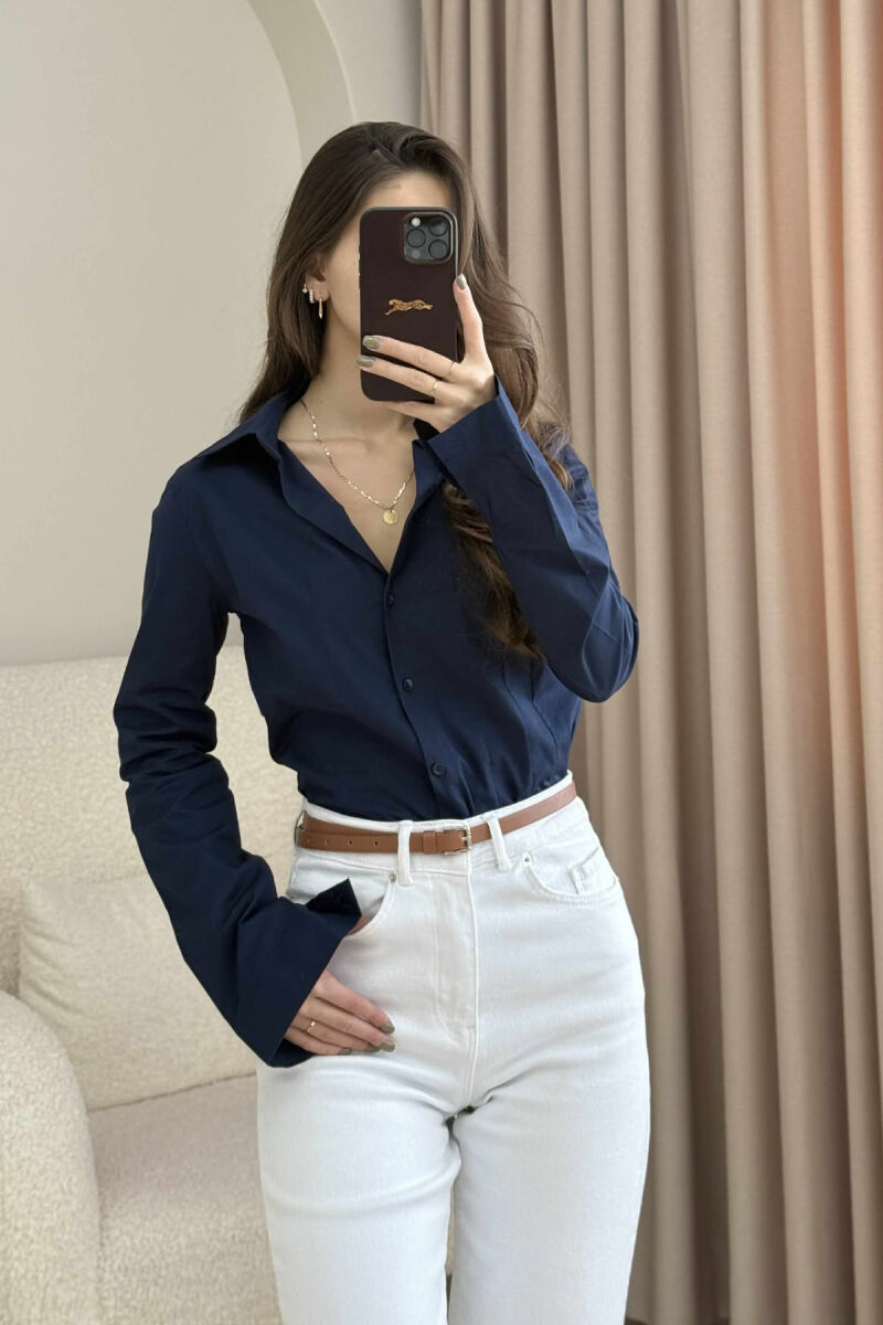 ONE COLOR SIMPLE WOMEN SHIRT DARK BLUE/BEE - 2