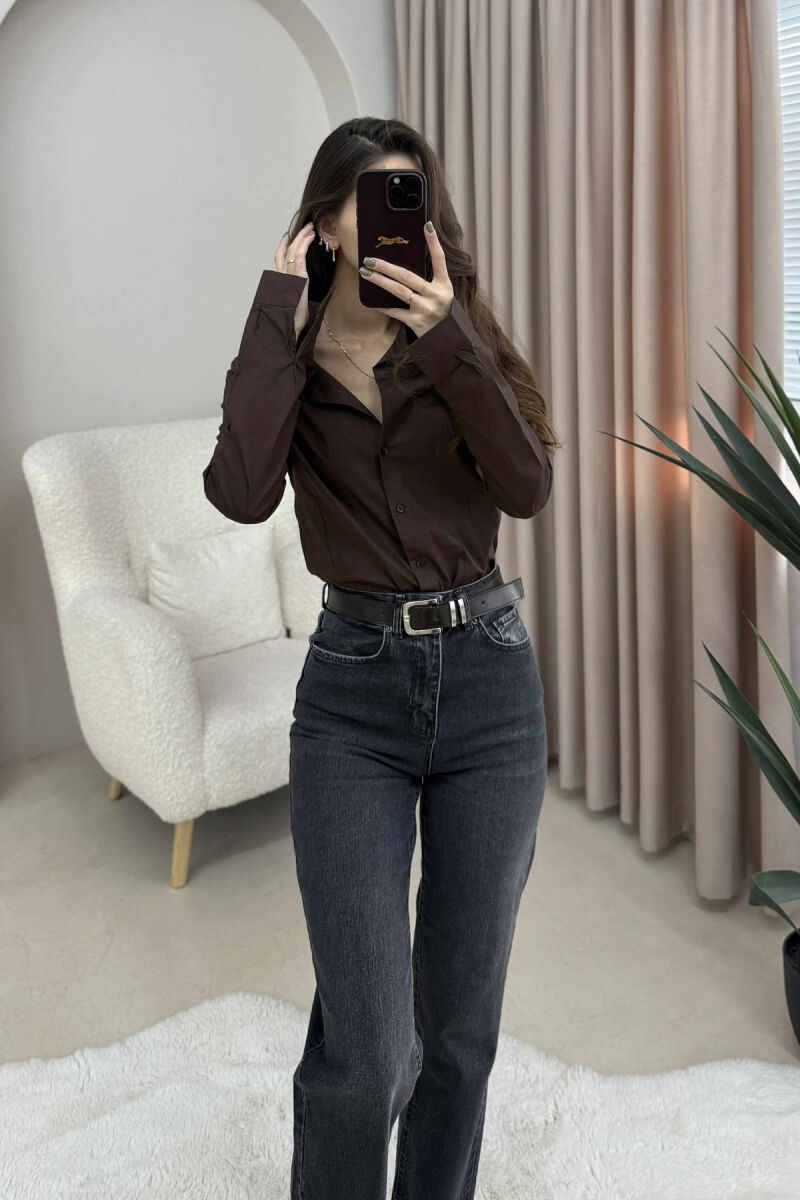 ONE COLOR SIMPLE WOMEN SHIRT DARK BROWN/KAE - 4
