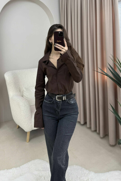 ONE COLOR SIMPLE WOMEN SHIRT DARK BROWN/KAE - 8