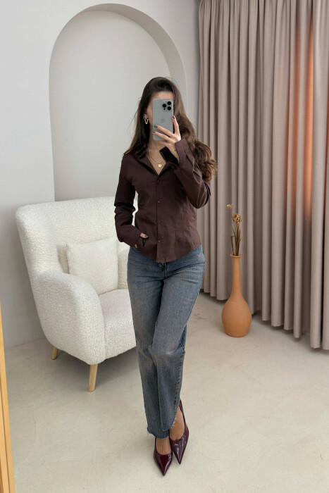 ONE COLOR SIMPLE WOMEN SHIRT DARK BROWN/KAE - 1