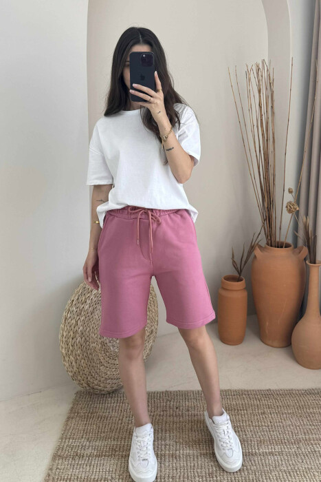 ONE COLOR SIMPLE WOMEN SHORT SWEATPANTS POWDER/PUDER 