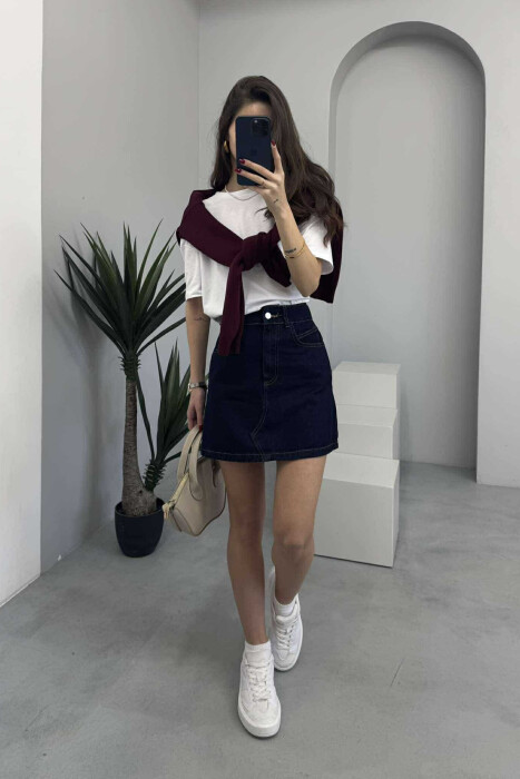 ONE COLOR SIMPLE WOMEN SKIRT DARK BLUE/BEE - 2