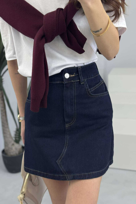 ONE COLOR SIMPLE WOMEN SKIRT DARK BLUE/BEE - 4