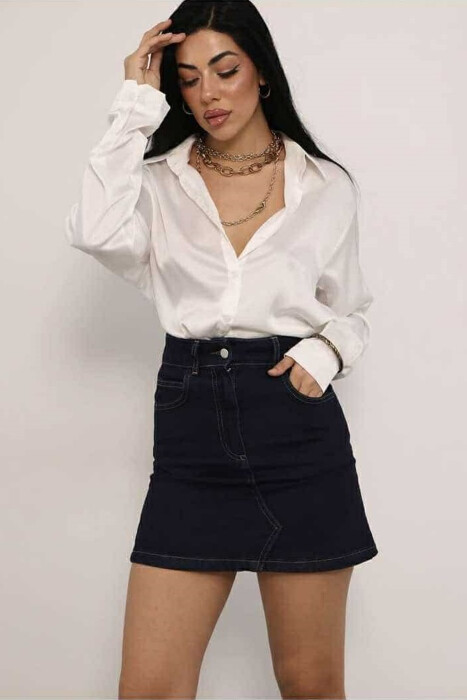 ONE COLOR SIMPLE WOMEN SKIRT DARK BLUE/BEE - 2