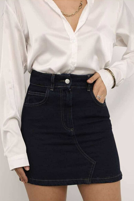 ONE COLOR SIMPLE WOMEN SKIRT DARK BLUE/BEE - 6