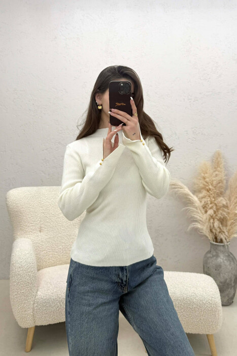 ONE COLOR SIMPLE WOMEN SWEATER CREAM/KREM - KLAUDIO FASHION