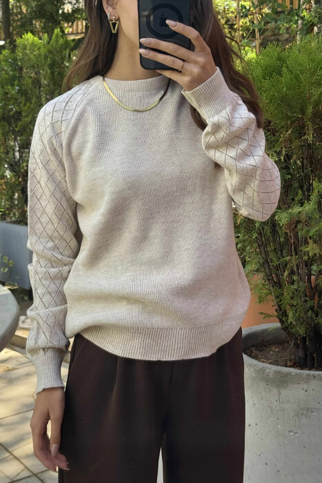 ONE COLOR SIMPLE WOMEN SWEATER LIGHT BEIGE/BZHZB - 3
