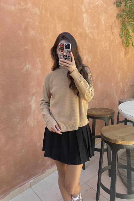 ONE COLOR SIMPLE WOMEN SWEATER LIGHT BROWN/KAZB - 2