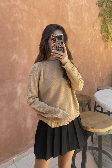 ONE COLOR SIMPLE WOMEN SWEATER LIGHT BROWN/KAZB - 3