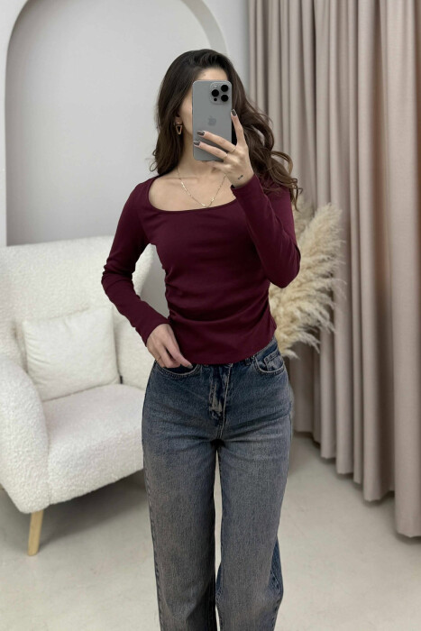 ONE COLOR SIMPLE WOMEN SWEATSHIRT BURGUNDY/VISHNJE - 5