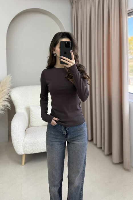 ONE COLOR SIMPLE WOMEN SWEATSHIRT DARK BROWN/KAE 