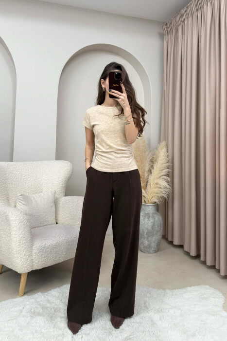 ONE COLOR SIMPLE WOMEN T-SHIRT BEIGE/BEZHE - KLAUDIO FASHION