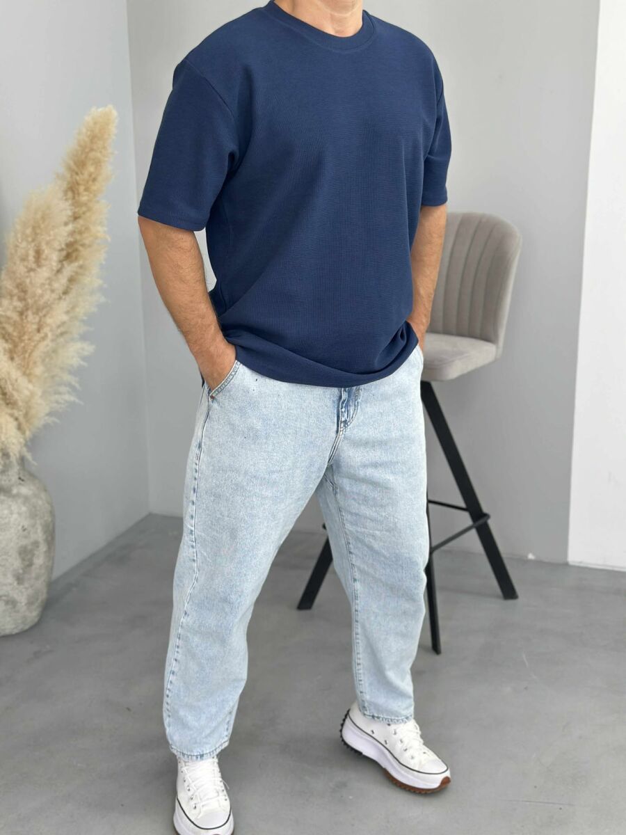 ONE COLOR SIMPLE MEN T-SHIRT DARK BLUE/BEE - 2