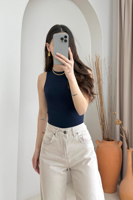 ONE COLOR SIMPLE WOMEN TANK TOP DARK BLUE/BEE - 3