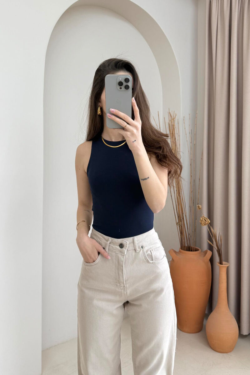 ONE COLOR SIMPLE WOMEN TANK TOP DARK BLUE/BEE - 4