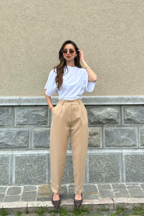 ONE COLOR SIMPLE WOMEN TROUSERS BEIGE/BEZHE 