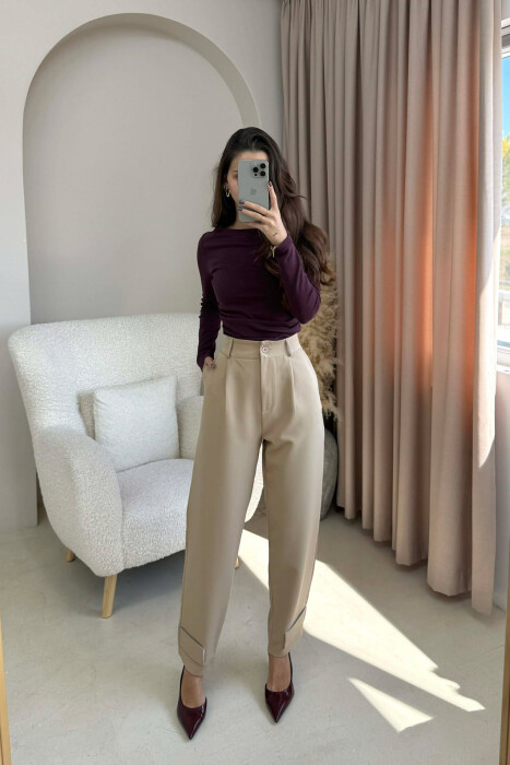 ONE COLOR SIMPLE WOMEN TROUSERS BEIGE/BEZHE - 1