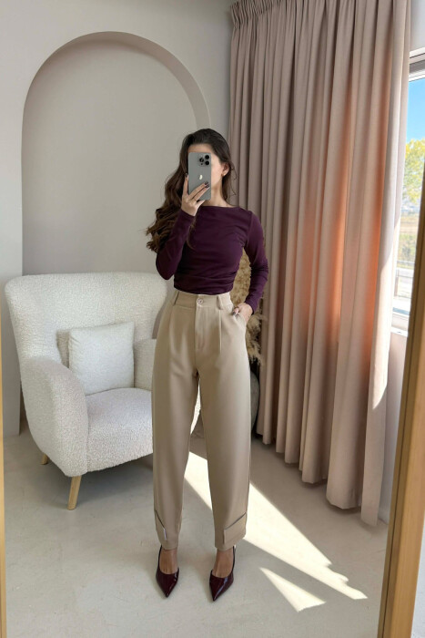 ONE COLOR SIMPLE WOMEN TROUSERS BEIGE/BEZHE - 2